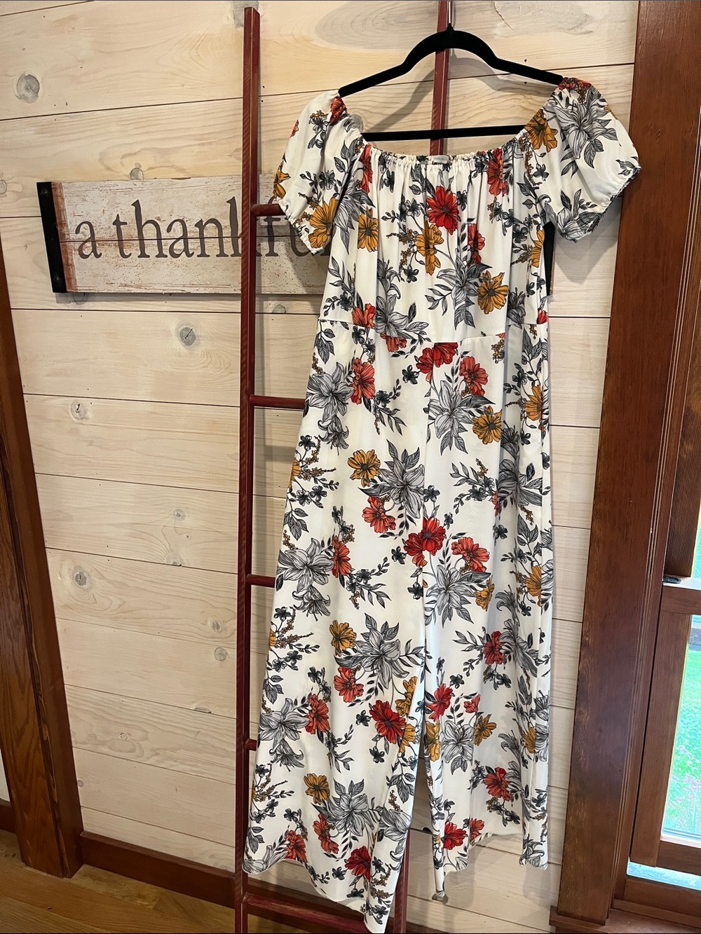 SHEIN White Floral Off-Shoulder Jumpsuit with Red & Mustard Flowers